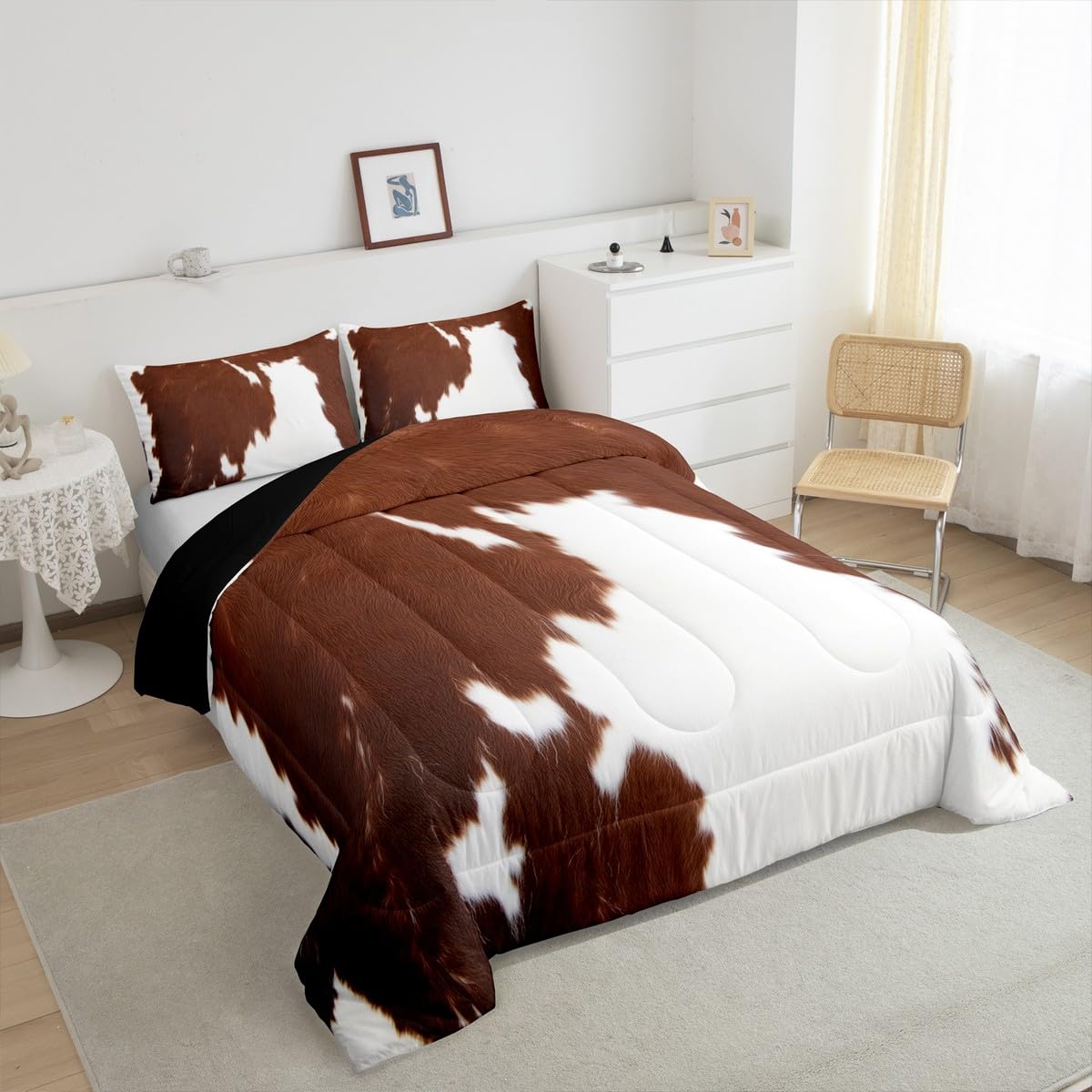 Cow Print Comforter Set Queen Size,Cowhide Print Bedding Set Teens Adults,Farmhouse Animal Hair Down Comforter,Rustic Western Bedding For Kids Boys Girls Teens Adult Bedroom Decor, Brown White