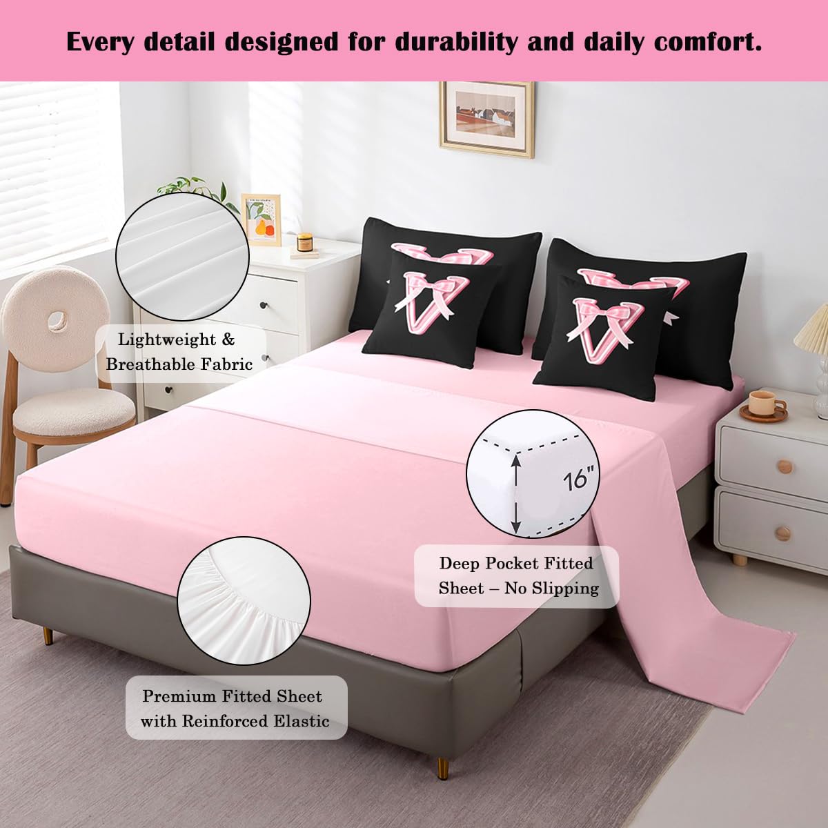 jejeloiu Kawaii Pink Bow Twin Comforter Set with Sheets,Gifts for Women Teen Girl,Monogrammed 7 Piece Bedding Set,Soft Personalized Initial Letter V Bed in a Bag with Comforter,Sheets,Pillowcases