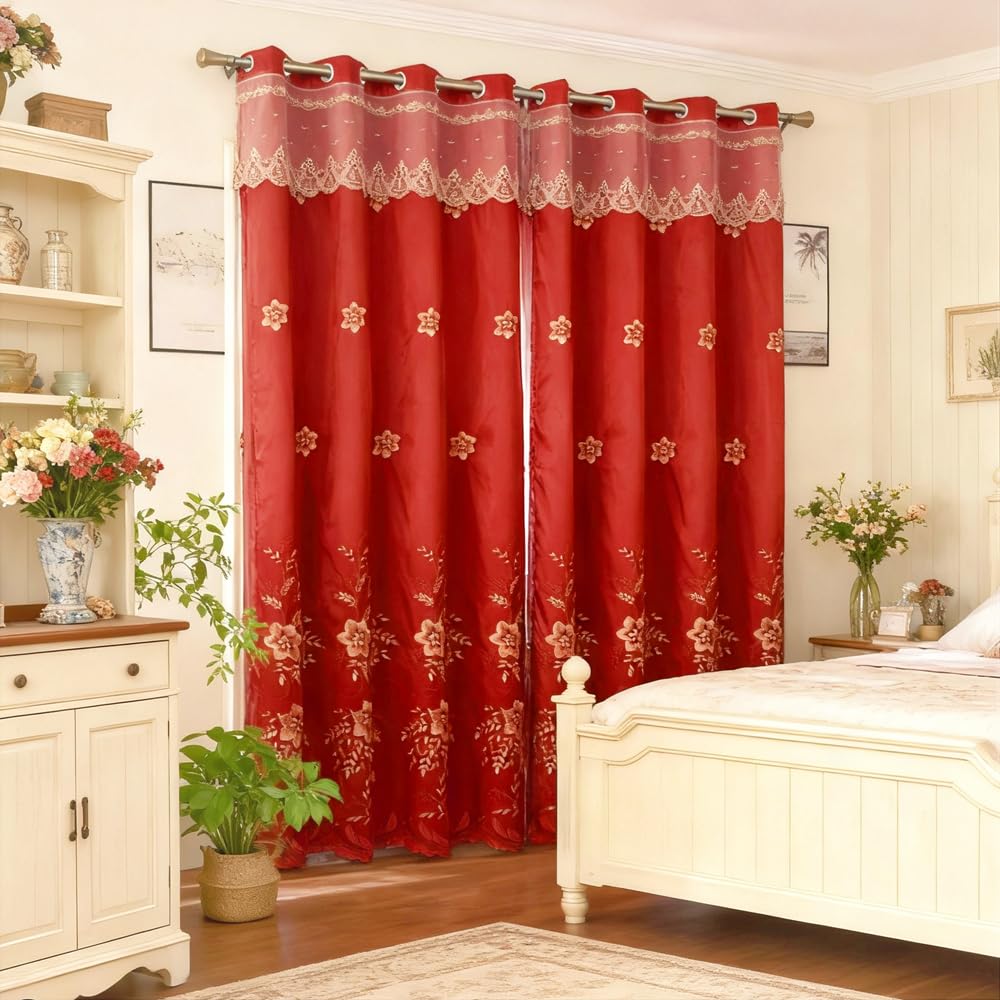 Amidoudou 1 Pair European Double Layer Curtains for Living Room Bedroom Luxury Flower Embroidered Curtains with Valance (Red,52x95 Inch)