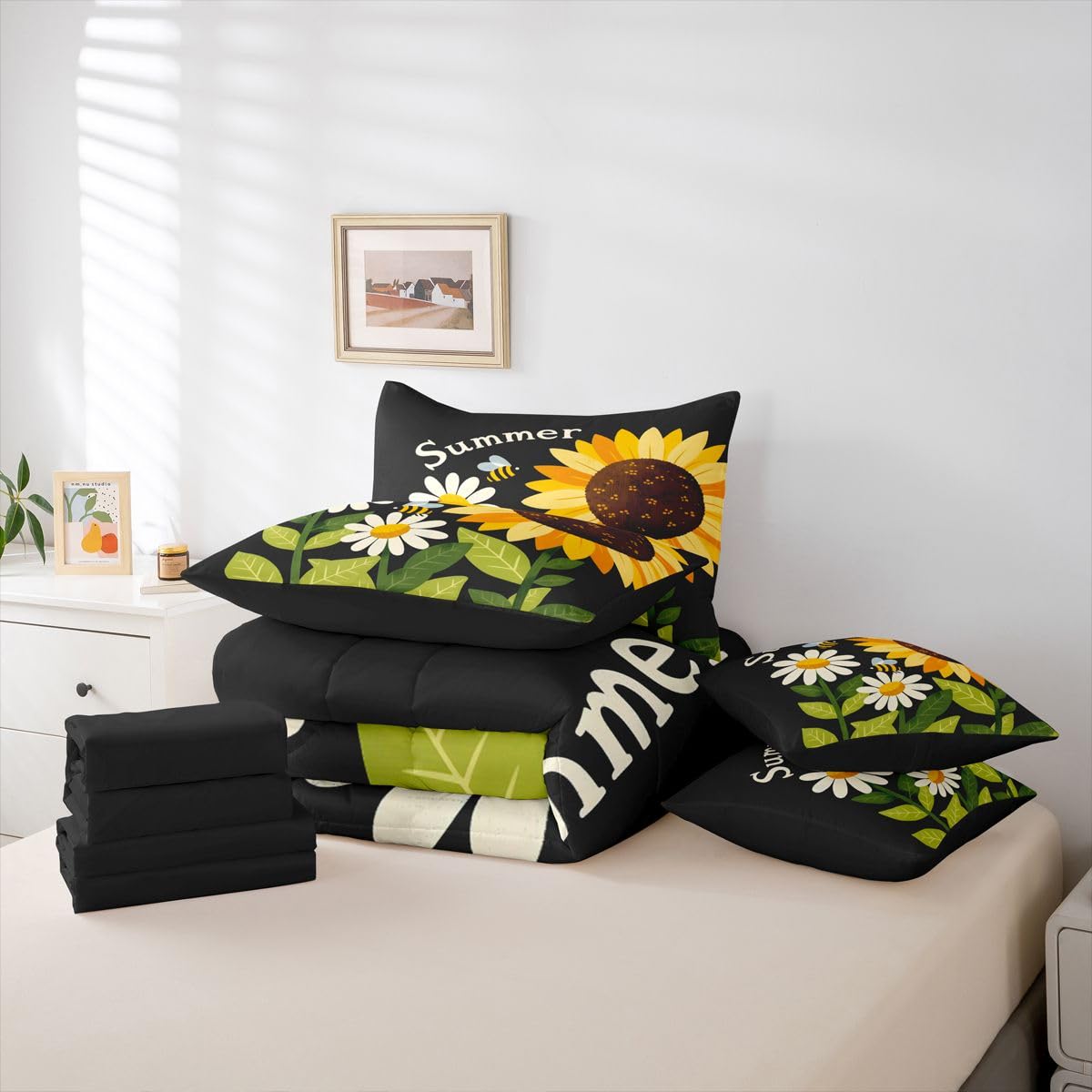 Erosebridal Summer Sunflower Bee Queen Bedding Set Retro Floral Bee Comforter Set with Flat and Fitted Sheet Kids Boys Girls Boho Garden 7-Piece Bed in a Bag Minimalist Floral Art Quilt Sets
