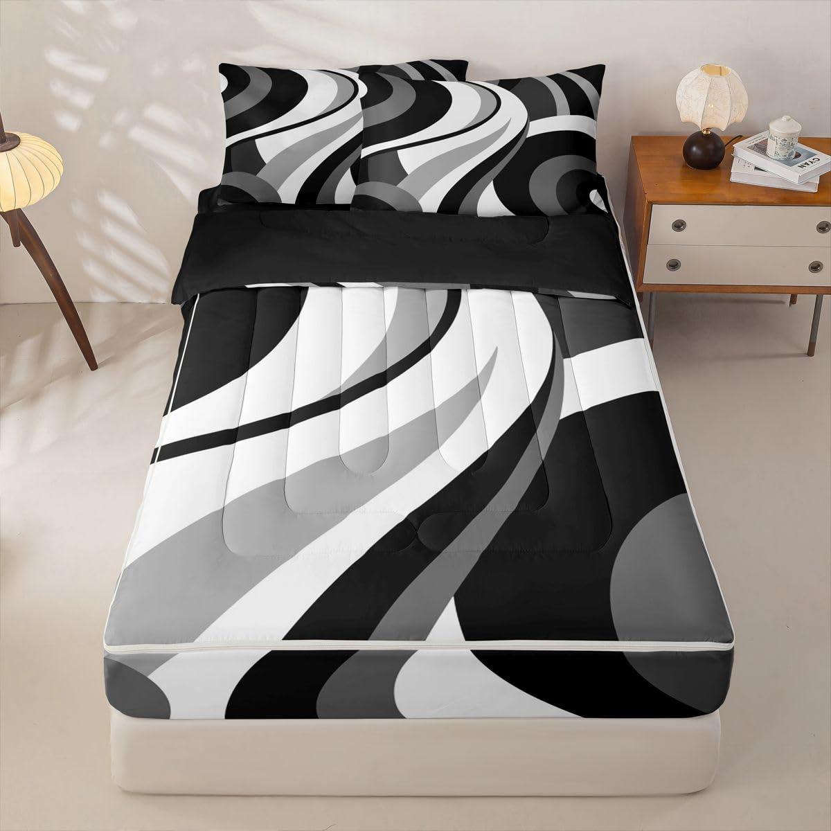 Erosebridal Gray Black White Spiral Zipper Comforter Set Twin for Adult Women Men Modern Swirls Stripes Abstract Bedding Set for Boho Bed in a Bag Graffiti Art Lines Zippered Quilt Fitted Sheet