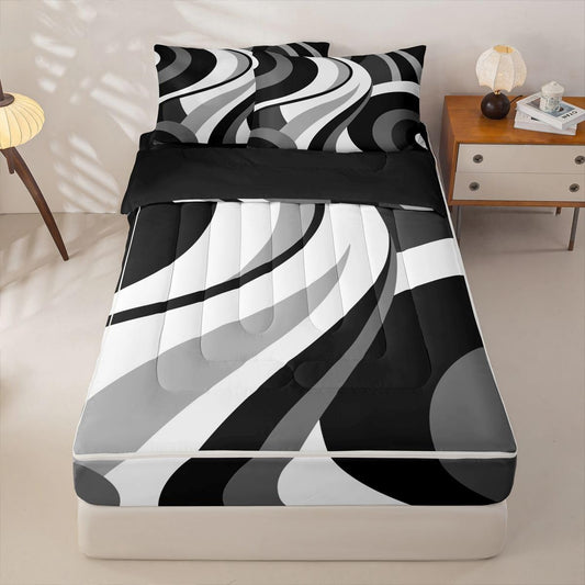 Erosebridal Gray Black White Spiral Zipper Comforter Set Twin for Adult Women Men Modern Swirls Stripes Abstract Bedding Set for Boho Bed in a Bag Graffiti Art Lines Zippered Quilt Fitted Sheet