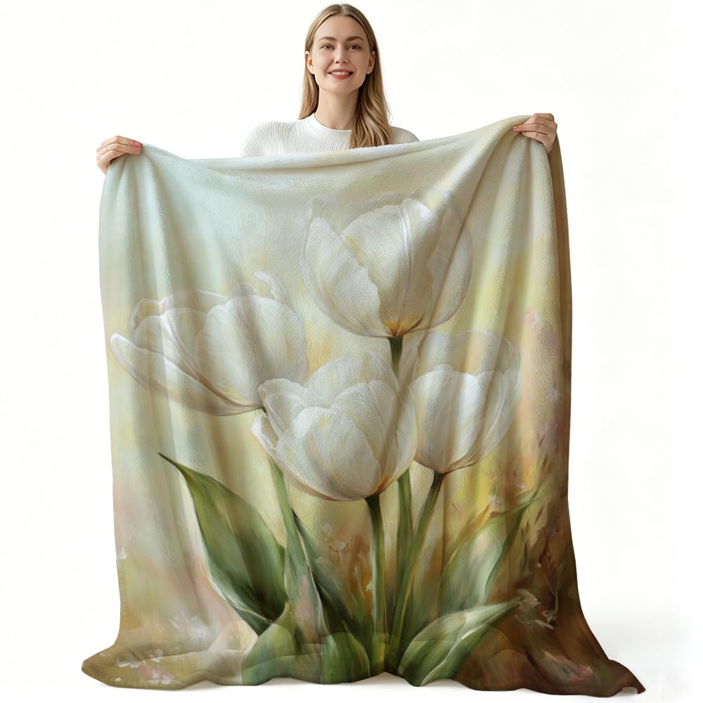 HUNXIAOJ Tulip Blanket Floral Throw Blanket Tulip Gifts for Women Rustic Flower Decor Floral Bedding Warm Soft Flannel for Girl Sofa Couch (49in x 59in)