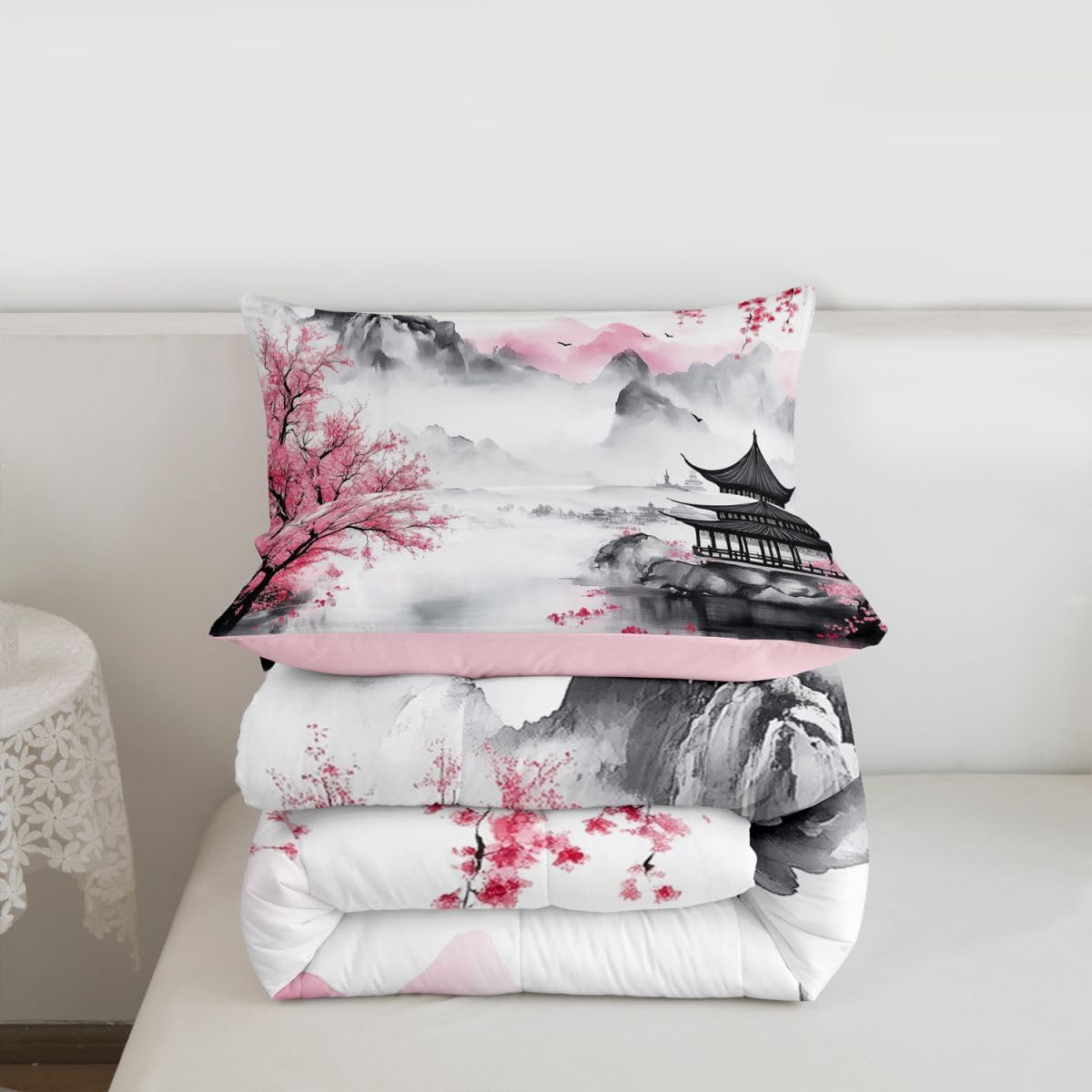 jejeloiu Chinese Ink Painting Comforter Set Queen Size Cherry Blossom Bedding Set for Kids Boys Girls Japanese Style Duvet Quilt Mountain Red Sun Bedroom Decor Microfiber 3 Pcs with 2 Pillow Cases