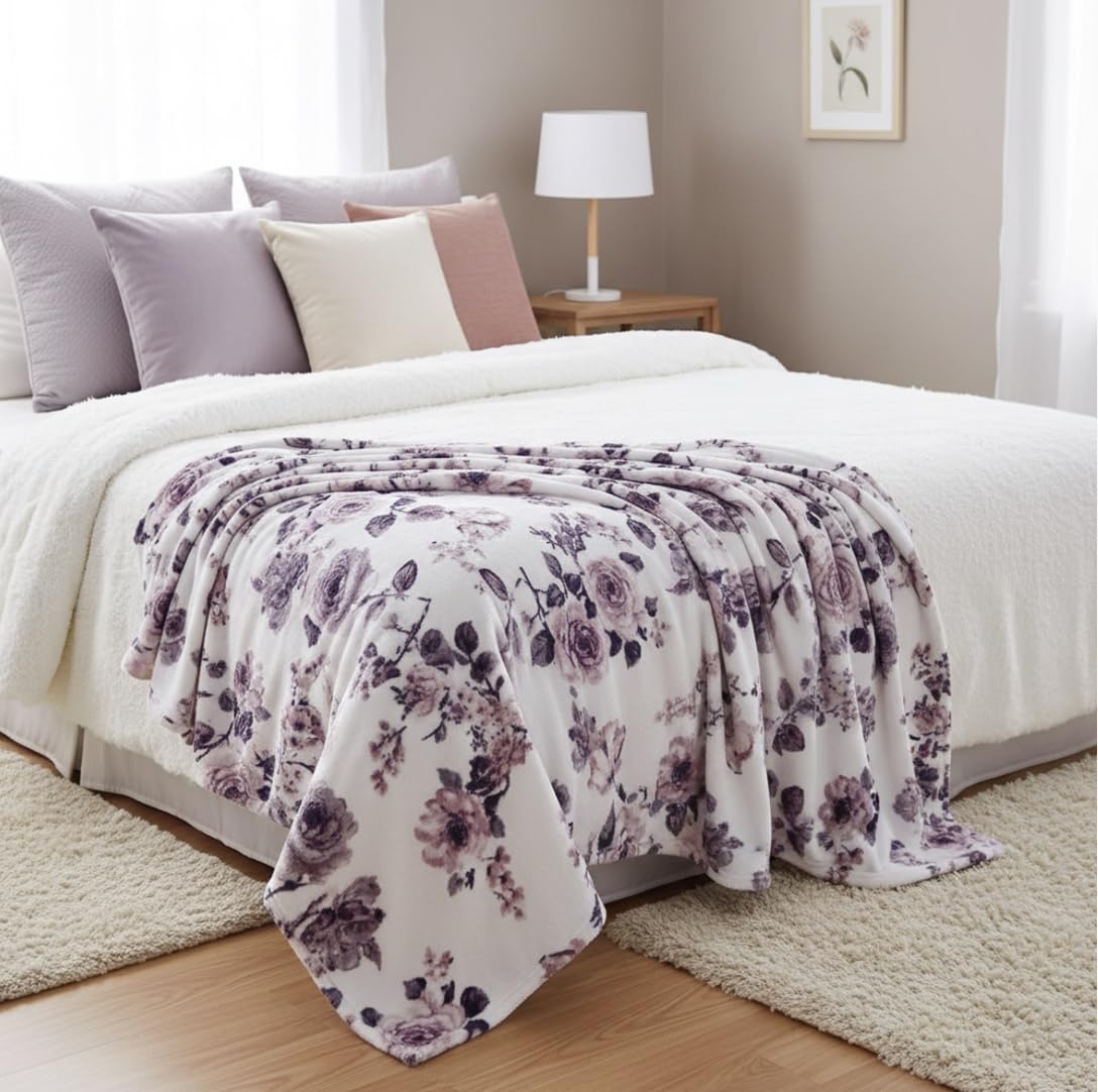 Decorative Floral Fleece Throw Blanket: Velvety Soft Plush Rose Flower Accent for Couch or Bed, Blush Pink Purple Navy Blue Grey on White, Oversized 50" x 70" Inches