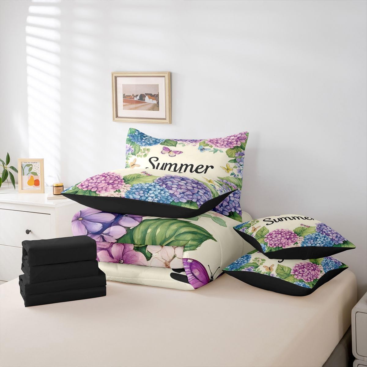 Erosebridal Watercolor Hydrange Queen Bedding Set Summer Purple Blue Floral Comforter Set Kids Girls Women Cute Butterfly 7-Piece Bed in a Bag Soft Pastel Botanical Art Quilt Sets