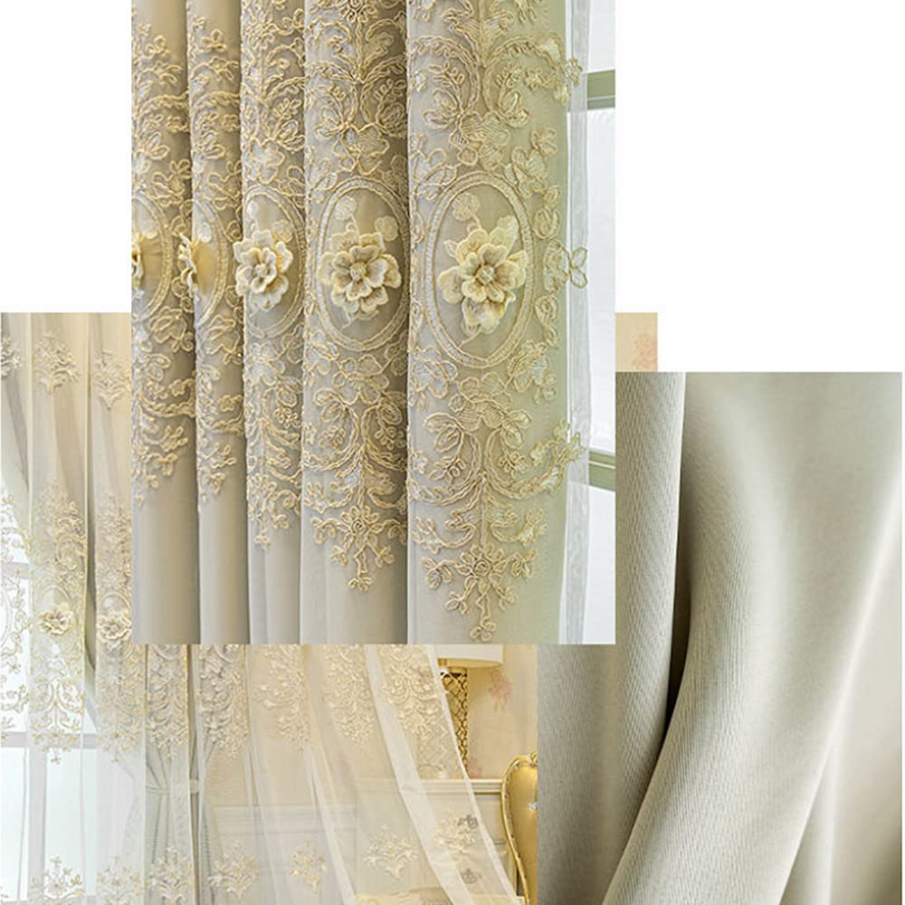 Amidoudou 1 Pair European Double Layer Curtains with Valances for Living Room Bedroom Luxury 3D Flower Embroidered Curtains (Beige,52x90 Inch)