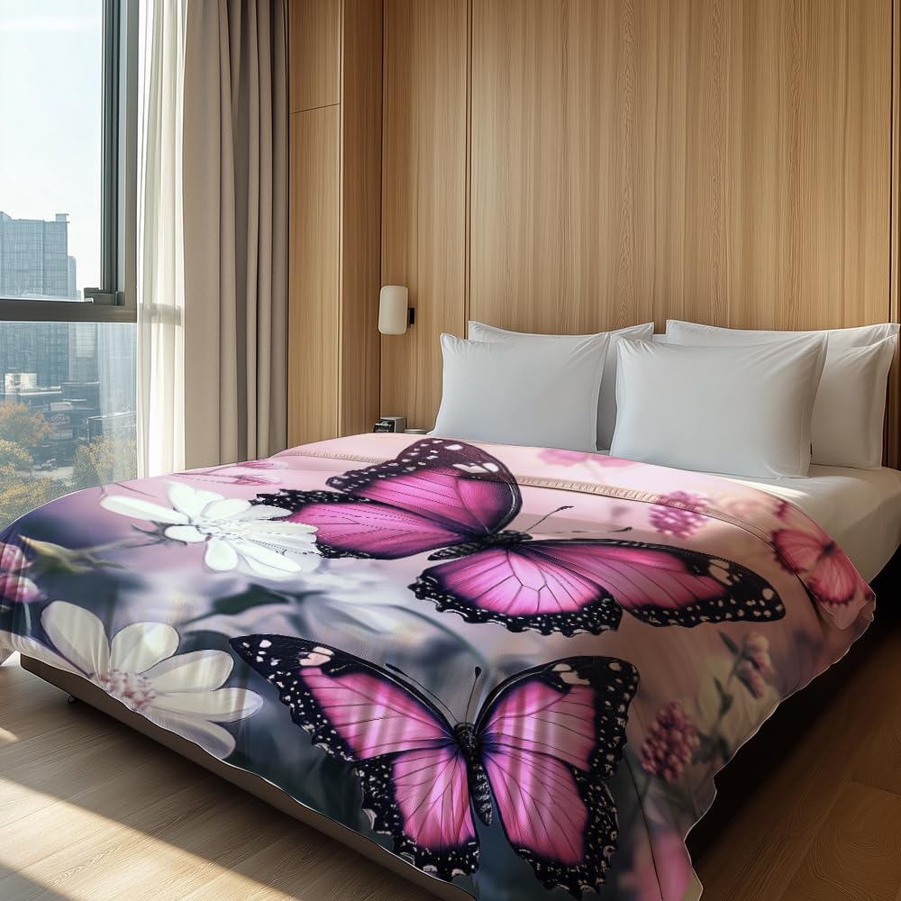 HUNXIAOJ Butterfly Throw Blanket for Women Butterfly Floral Blanket Romantic Gifts Warm Soft Flannel for Girls Boys Women Teens Adults Bed Sofa Couch (50 in x 60 in)