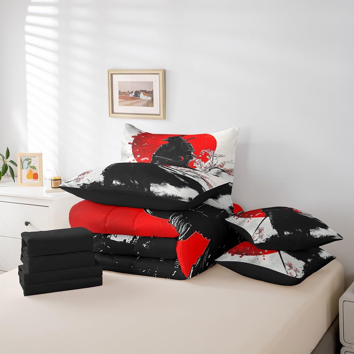 Erosebridal Samurai Comforter Set Twin,Japanese Cherry Blossom Bedding Set 7Pcs for Men Boys Teens,Red Sun Quilt,Asian Cool Red Black Men Silhouette Bed in a Bag