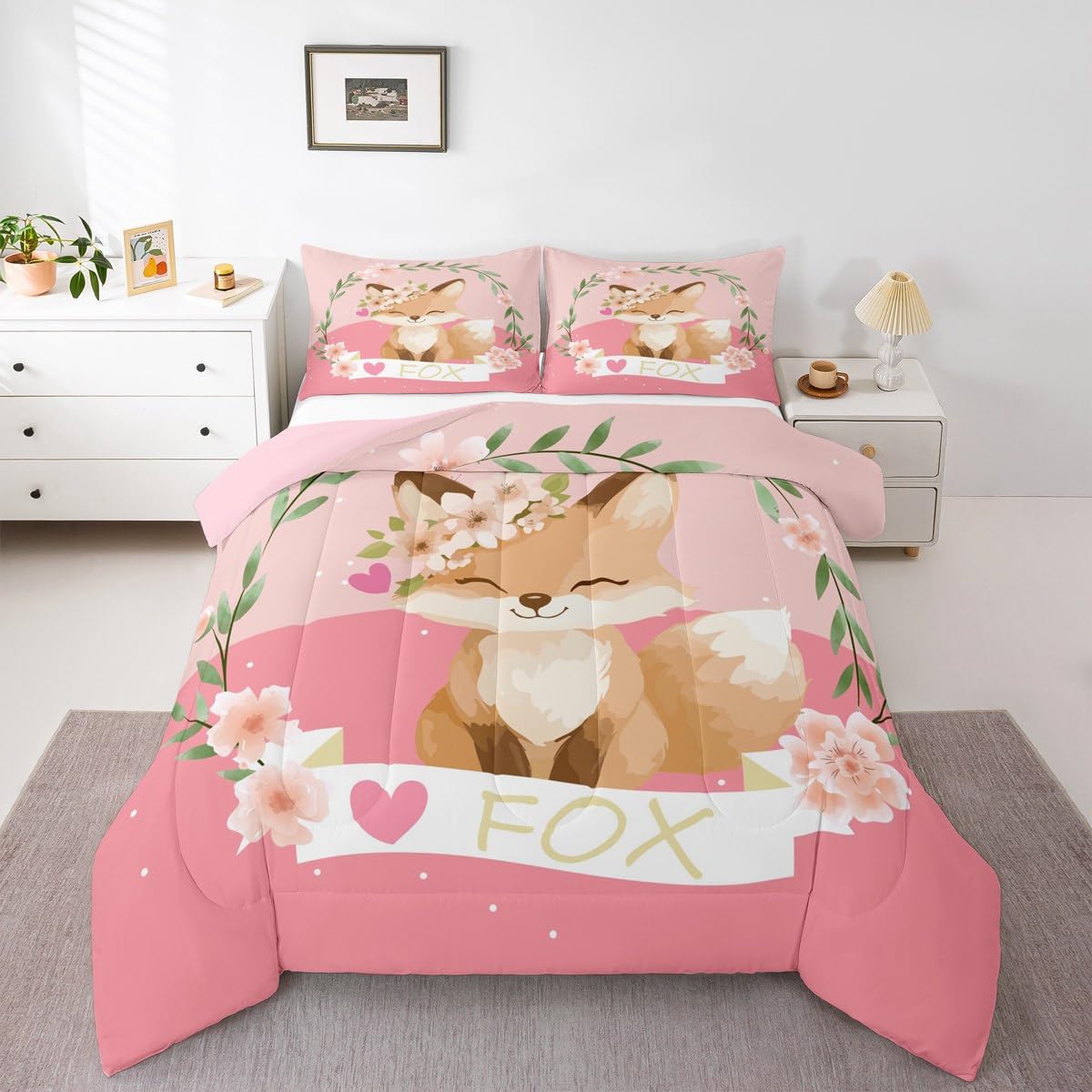 Feelyou Girls Cartoon Fox Comforter Set Cute Fox Bedding Set for Kids Boys Girls Kawaii Animal Duvet Set Botanical Floral Comforter 1 Comforter Set with 1 Pillowcase Twin Size