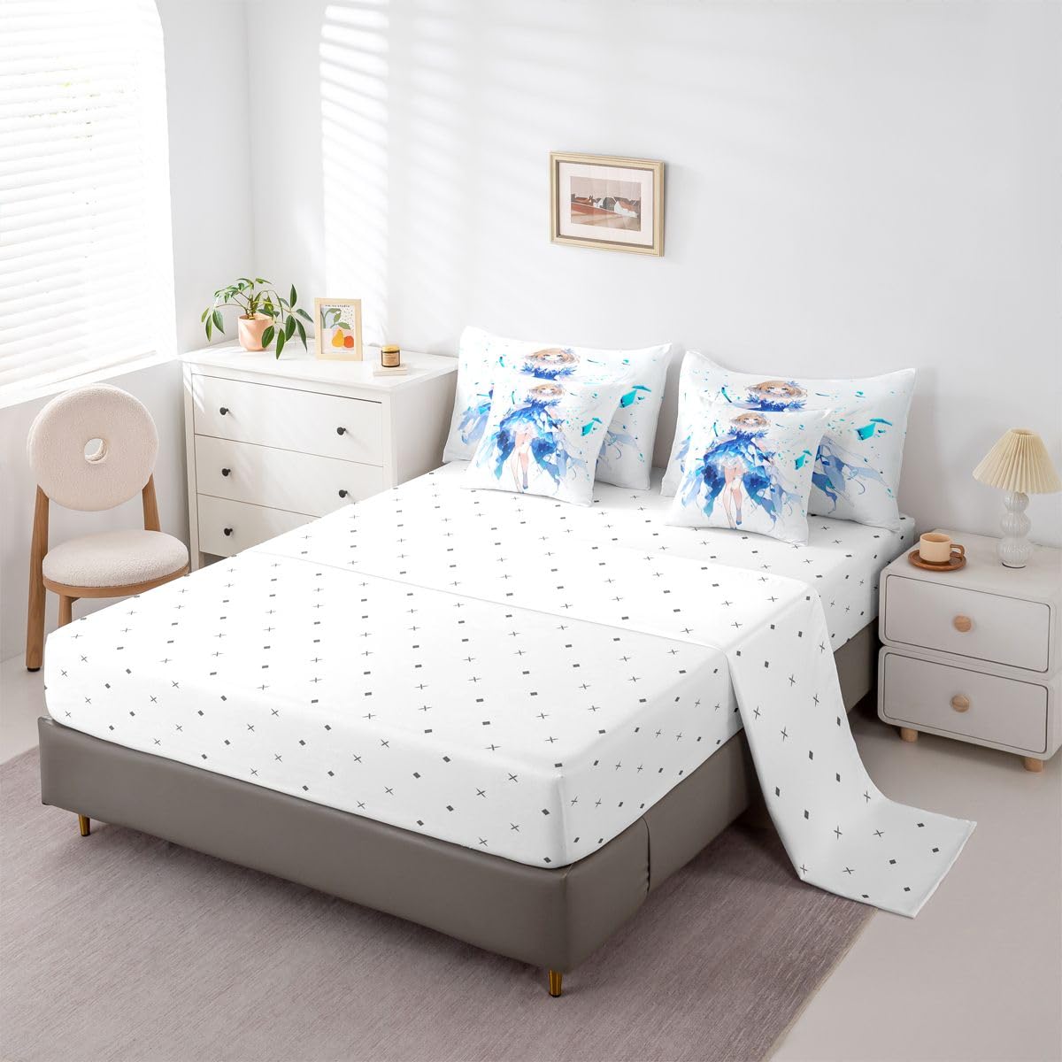 Erosebridal Anime Girl Twin Comforter Set 7 Piece Japanese Girl Bedding Set,3D Anime Cartoon Bed in A Bag for Kids,Japanese Style Sheet Set with Comforter(Blue)