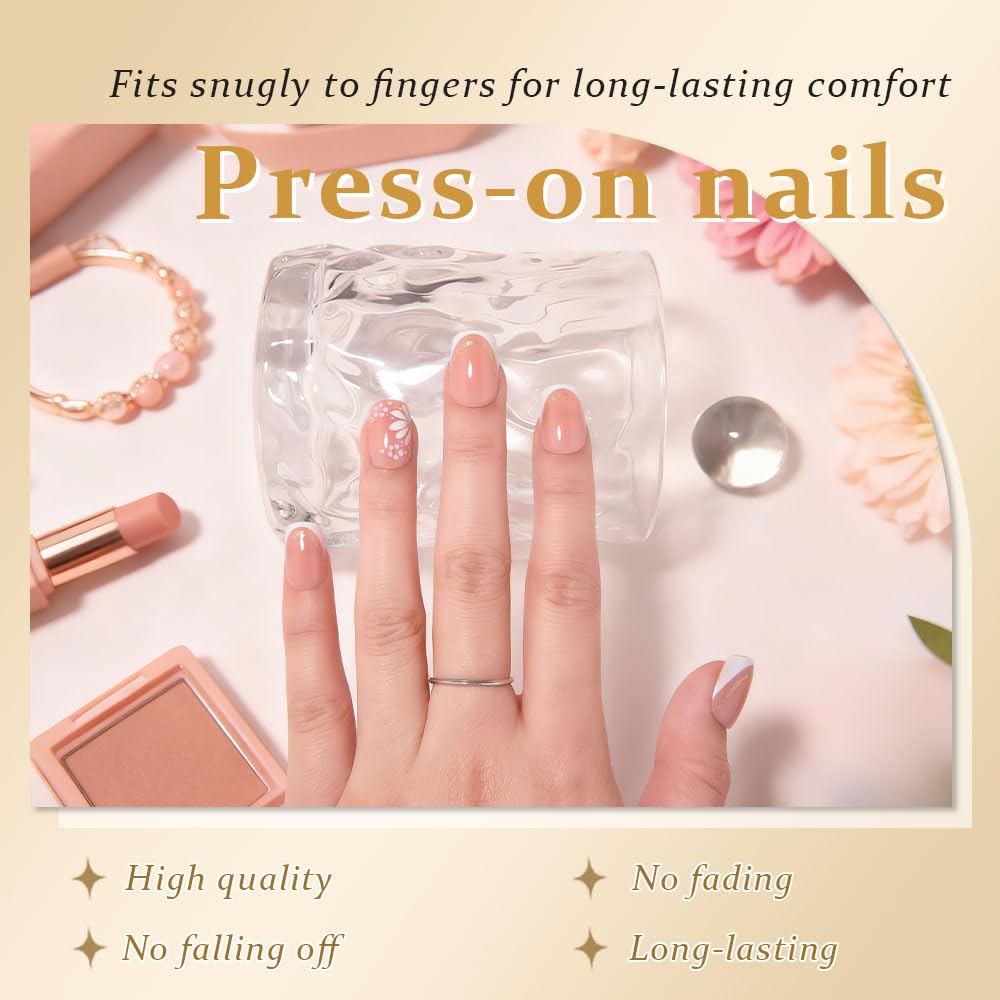 3D French Press on Nails Short Square with Flower Design, Nude Nail + White Tip Glossy Stick on Nails for Women with Kit, Reusable Soft Gel Stick on Fake Nail with Gold Line Designs Perfectly Fit
