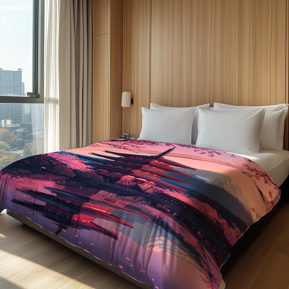 HUNXIAOJ Japanese Throw Blanket Japanese Gifts Cherry Blossom Blanket Japan Scenery Decor Warm Soft Flannel for Girls Boys Women Teens Adults Bed Sofa Couch (60 in x 80 in)