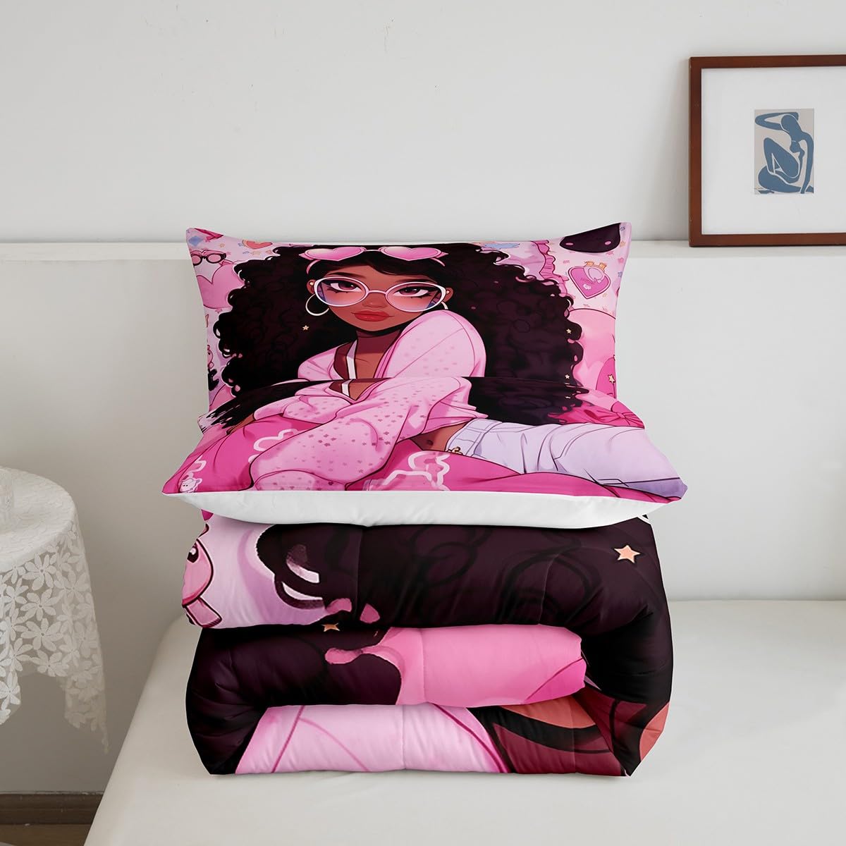 Black Princess Girly Kids Comforter Set Full Size,Cartoon Love Heart Print Bedding Set,Girls Women Room Decor,African American Little Girls Down Comforter,Pink Dreamy Duvet Insert,2 Pillowcases