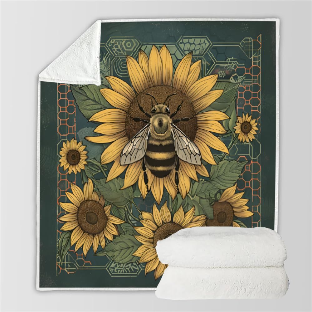 PAOABIU Sunflower Blanket Throw, Bee Floral Throw Blanket for Couch, Yellow Flowers Breathable Warm Bed Throw, Geometric Green Lightweight Fleece Blanket Kids 30"x 40" Camping & Travel Blanket