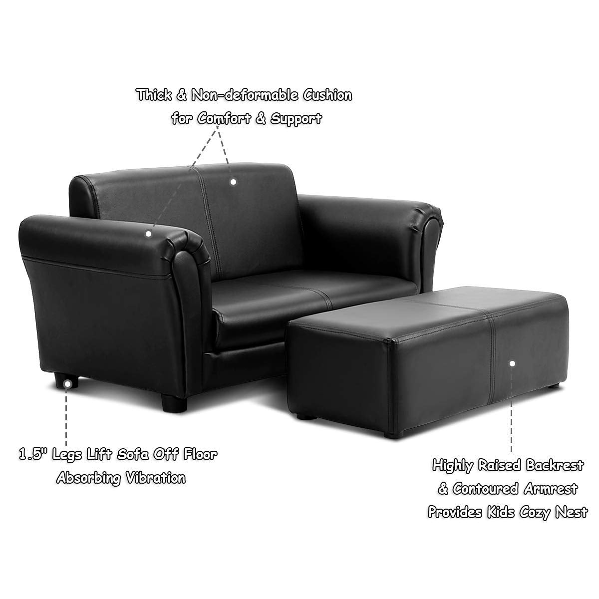 Costzon Kids Couch with Footstool, 2 in 1 Double Seat Children's Sofa w/PU Leather Surface, Armrest Chair Lounge, Soft Kids Sofa for Preschool Bedroom Kids Room Toddlers Boys Girls Birthday (Black)