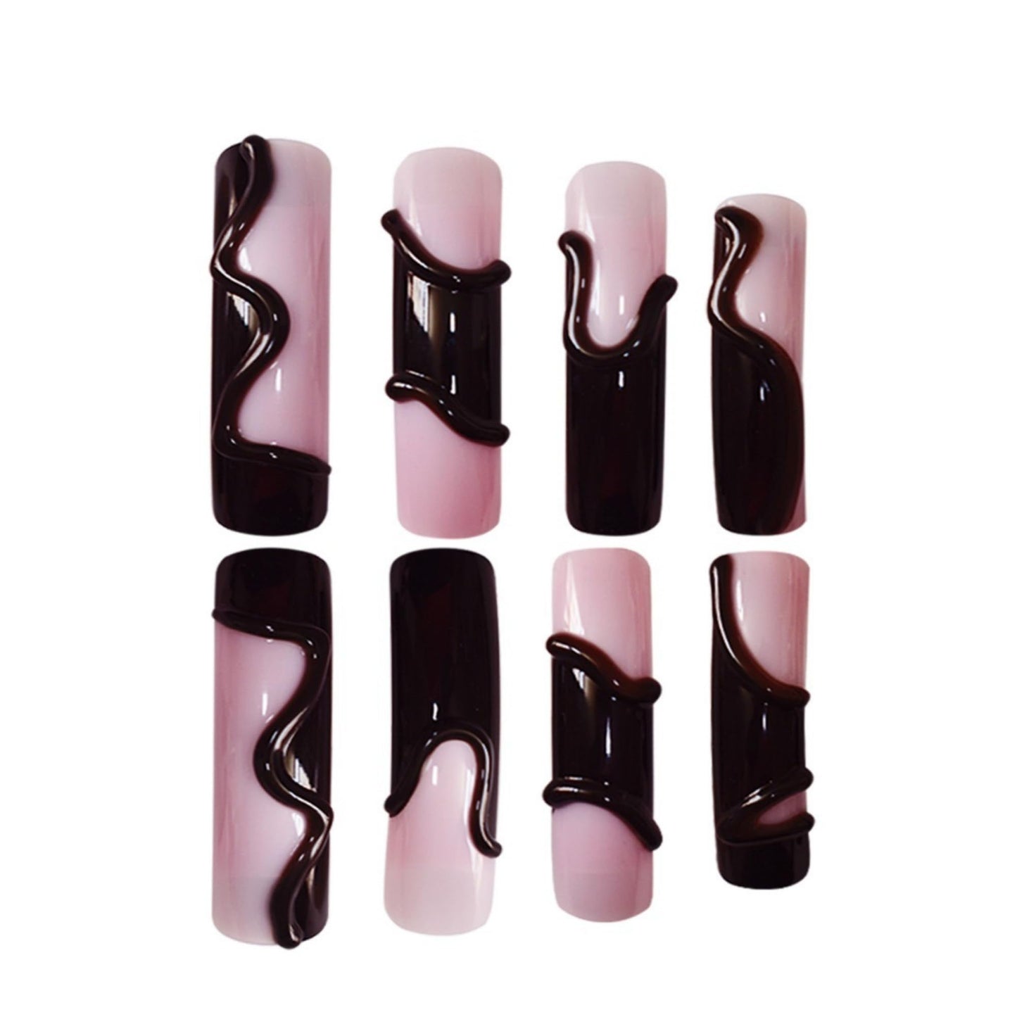 Curved Press on Nails Extra Long Fake Nails Pink Artificial Nail Black Charm Designs Stick on Nail 20pcs