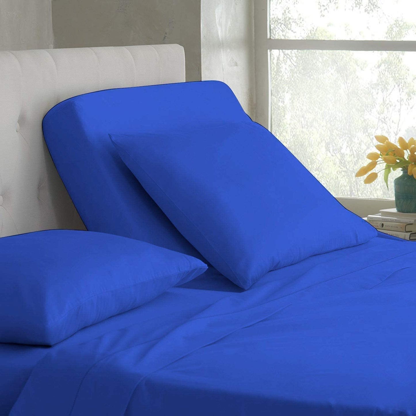 Top Split King Flex Head Sheet Set for Sleep Number Mattress Fits Deep Pocket Bed 1800 Thread Count Super Soft and Cool 4 Piece Set with Pillowcases 34-36" Split top (Blue)