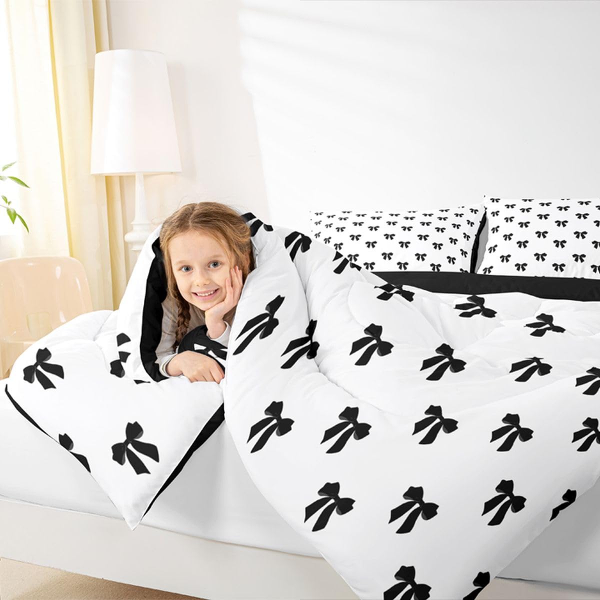 Erosebridal Black Bow Comforter Set Queen Size Coquette Bows Bedding Set for Kids Teen Girls Women Bedroom Cute Preppy Bowknot Comforter Modern Trendy Girly Aesthetic Quilt Duvet