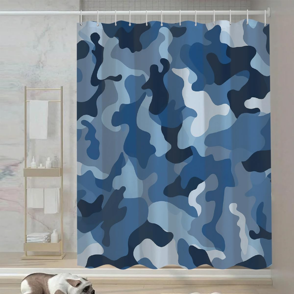 Ivolege Shower Curtain with Hooks, Classic Blue Camo Print Shower Curtain