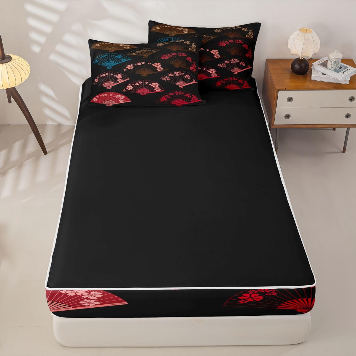 Erosebridal Japanese Kids Comforter Set with Zipper, Japanese Fan Twin Size Zipper Bedding Set, Colorful Japan Style Fans Bed-in-A-Bag