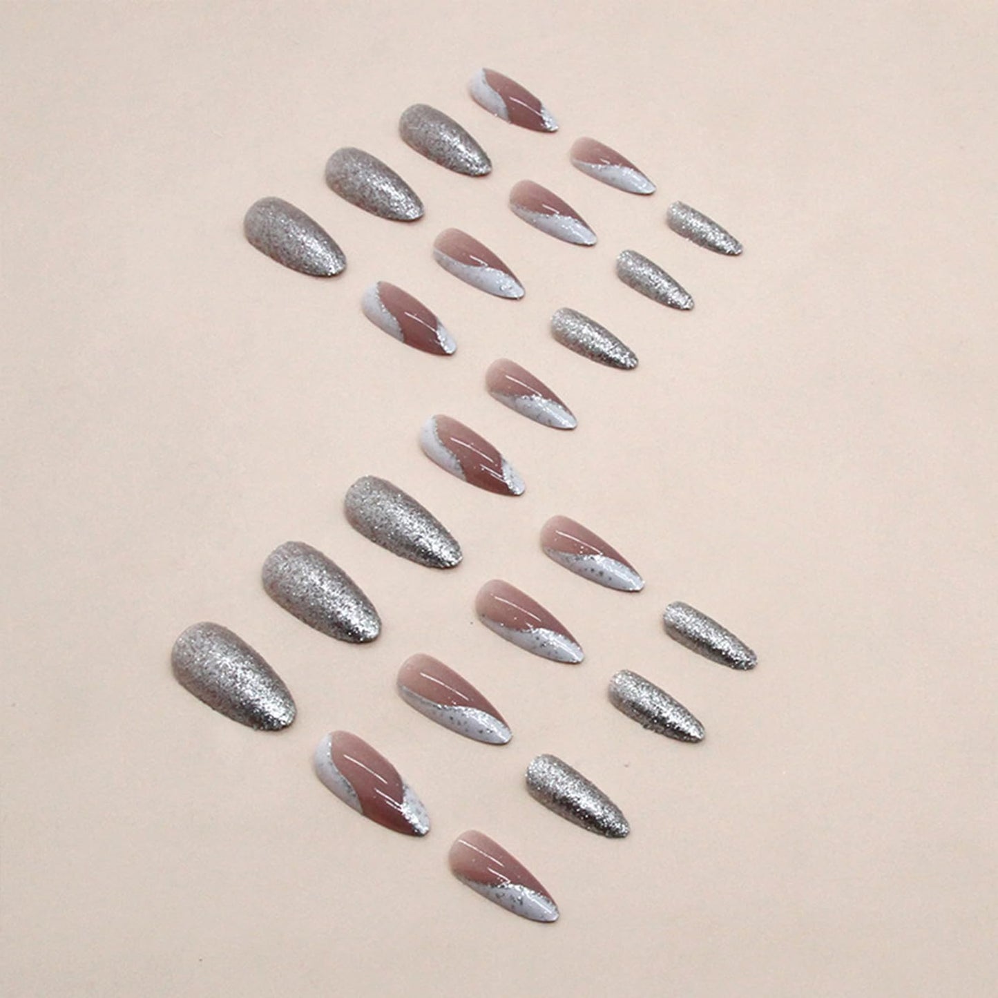 IMSOHOT Almond Press on Nails Glitter French Tips Fake Nails Silver Shiny Glossy Glue on Nails Full Cover Stiletto Acrylic False Nails for Women 24pcs
