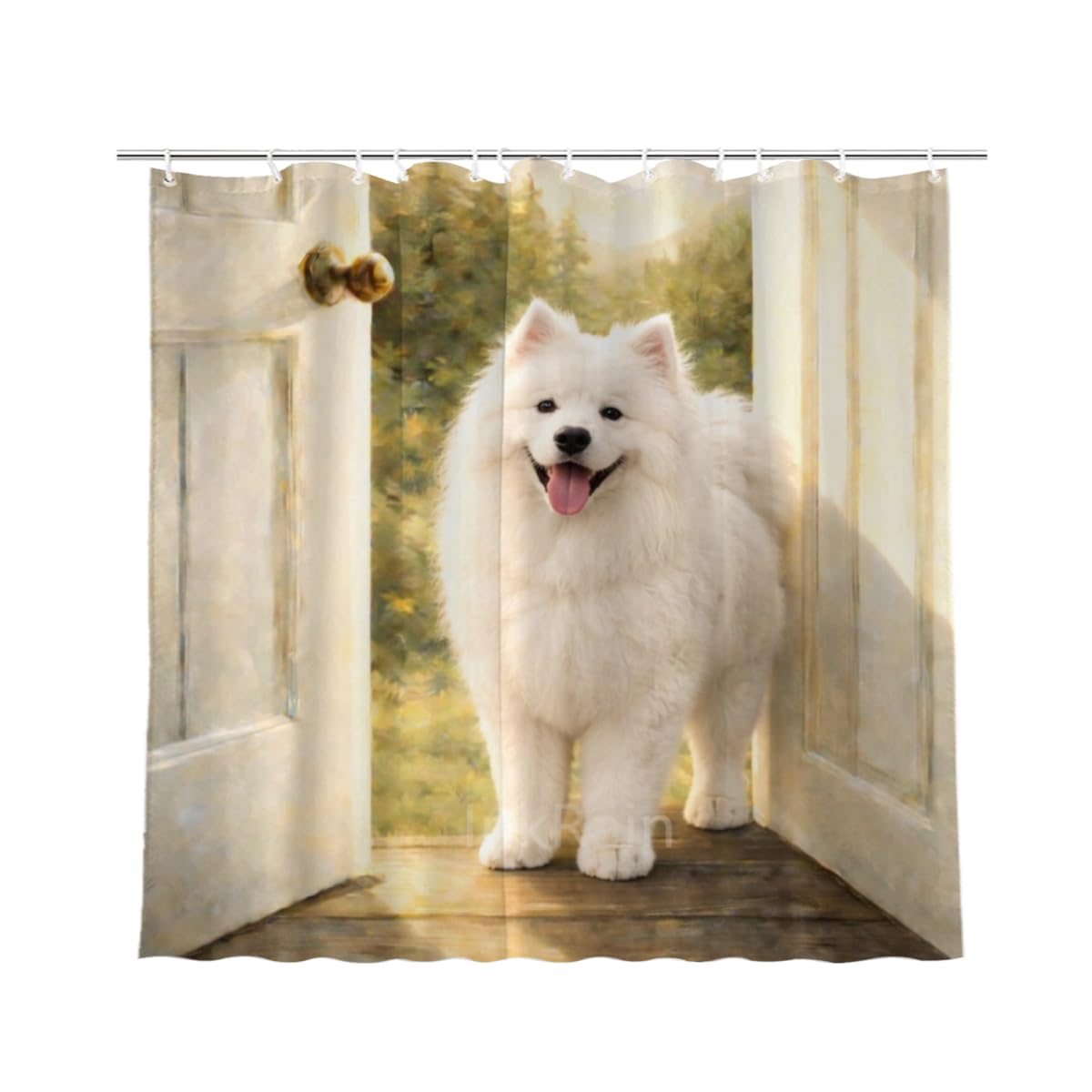 InkRain Samoyed Shower Curtain Rustic Doorway Forest Scenery Bathroom Decor Waterproof Polyester Fabric with 12 Hooks 72x72 Inch