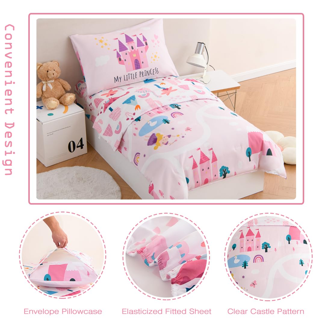 PERFEMET 4 Pieces Girls Toddler Bedding Set Pink Castle Fairy Tales Toddler Comforter Set Reversible Colorful Rainbow Princess Printed Toddler Bed Set with Sheets(Pink, Castle)