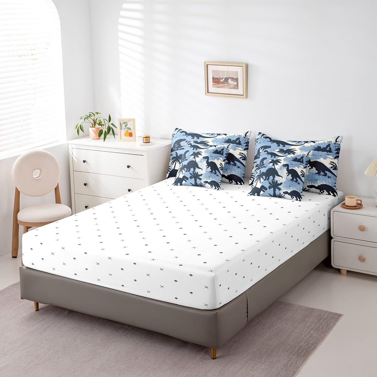 Erosebridal Dinosaur Comforter Set 7 Piece Bed in a Bag Twin,Camouflage Blue Bedding Sets Abstract Dino Sheet Set with Comforter,Jungle Wildlife Wild Animals Bed Set