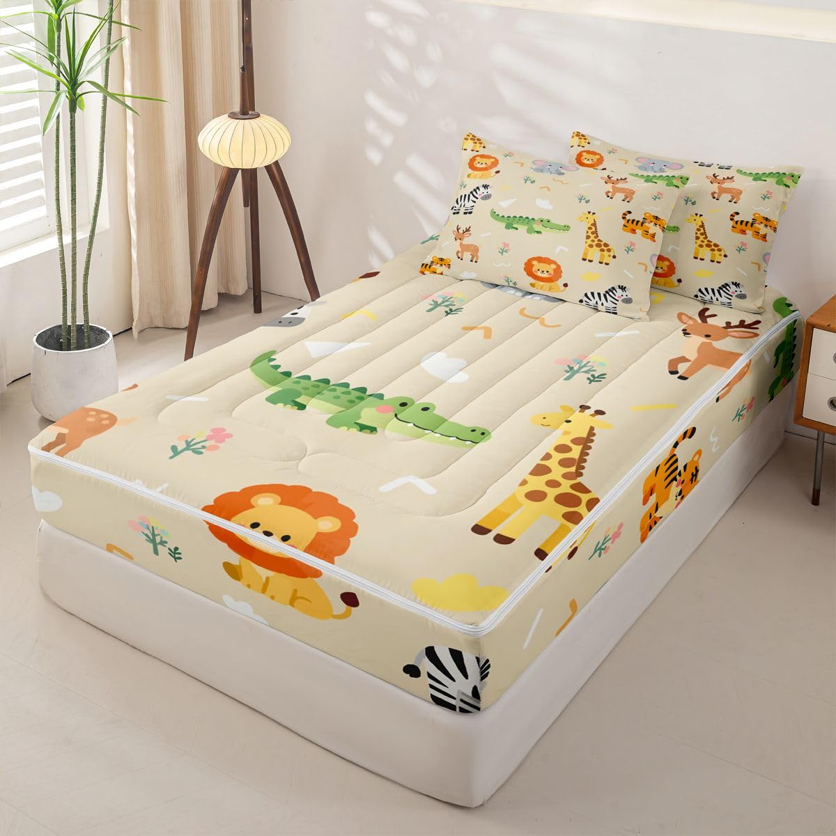 Erosebridal Kids Zoo Animal Zipper Bedding Nursery Cute Wild Animals Zippable Comforter Set Lion Elephant Crocodile Wildlife Bed in a Bag Twin Size Safari Wild Print Natural Theme Zip Up Bed Set