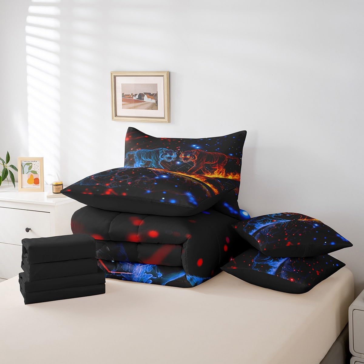 jejeloiu Tiger Bed Set Wild Animal 7 Pieces Bedding Set for Kids Safari Cat Print Bed in a Bag with Comforter, Sheets, Pillowcases Ultra Soft Dot All Season Breathable Lightweight Twin Size
