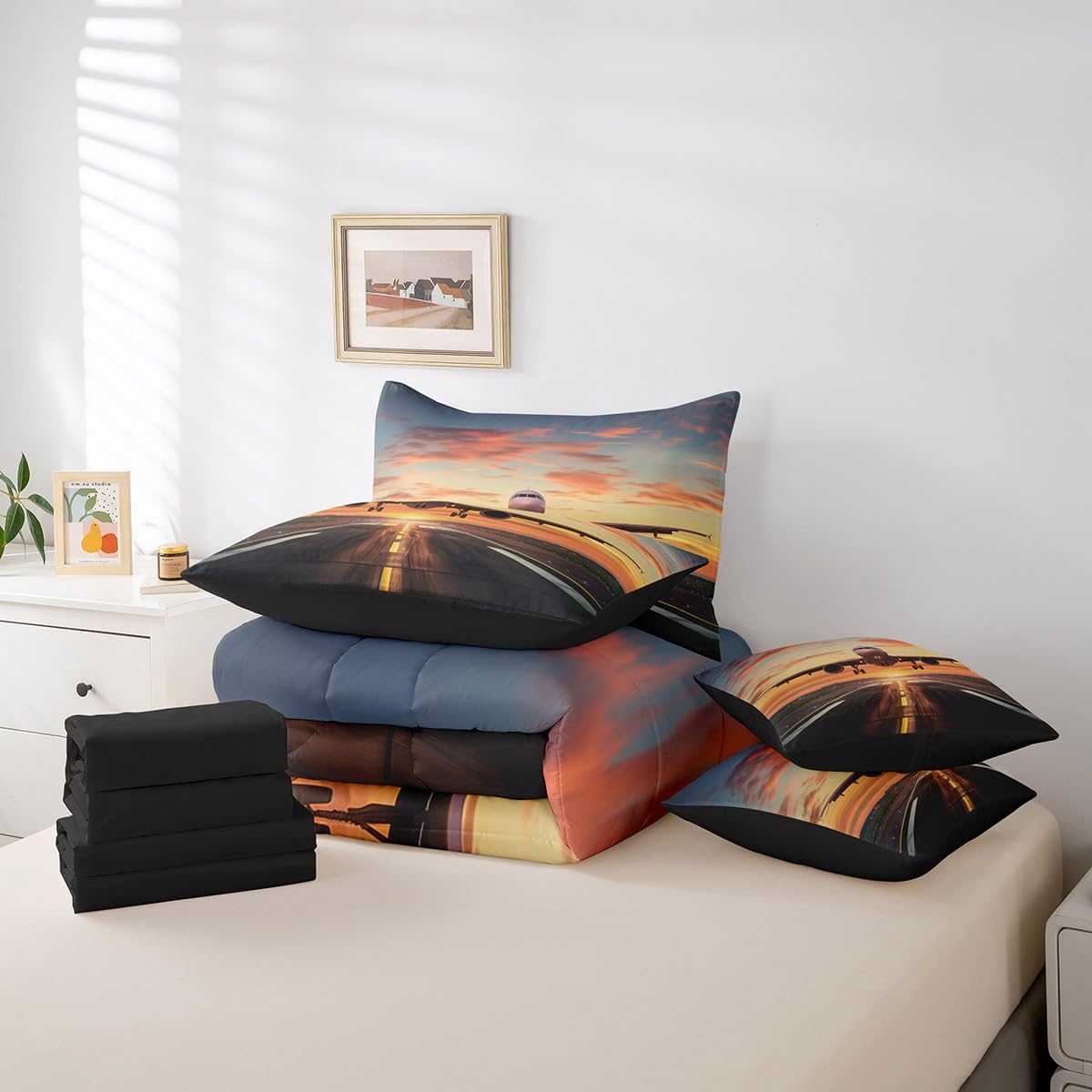 Erosebridal Airplane Full Bedding Set 7 Piece Aircraft Bed in A Bag Airport Runway Comforter Set for Kids Boys Adults Men Airplane Sheet Set with Comforter