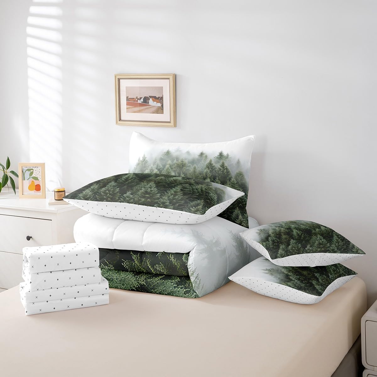 Erosebridal Natural Pineforset Bedding Sets 7 Piece Twin Smoky Mountain Comforter Set Fantasy Fog Magic Tree Bed in A Bag Nature Scenery Theme Quilt with Flat Fitted Sheet for Kids Adults