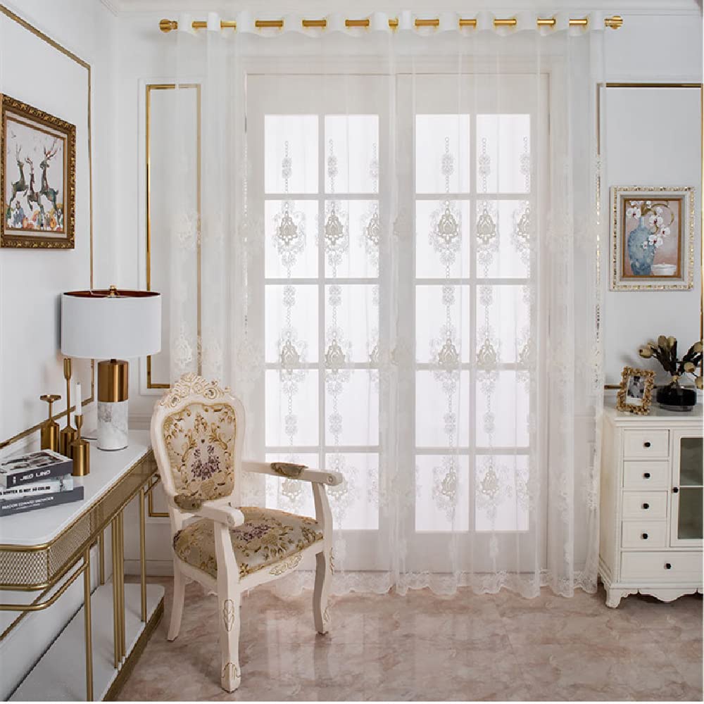 Amidoudou 1 Pair European Luxury Tulle Curtains Sheer Curtains for Living Room Bedroom (White,54x96 Inch)