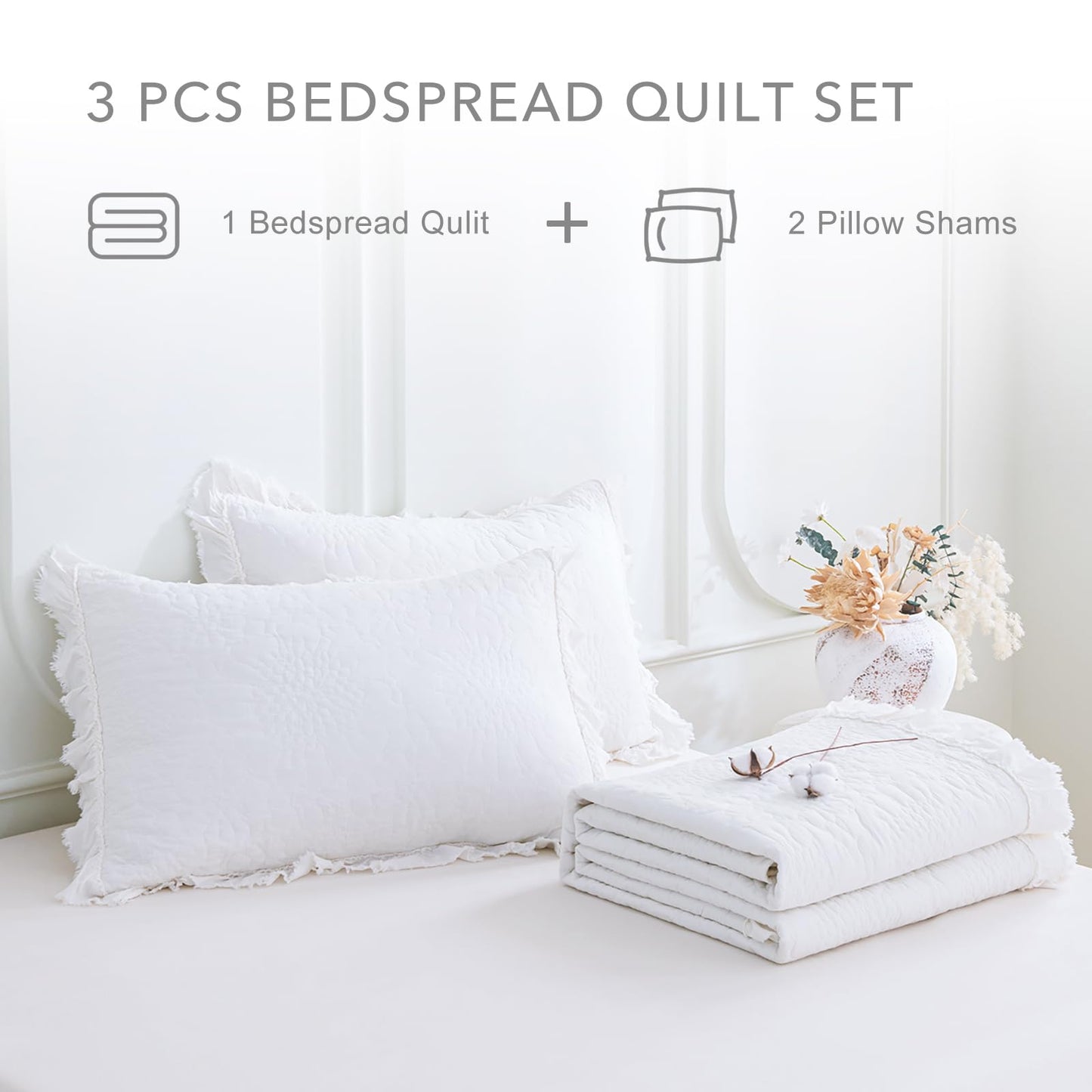 QSH Bright White Stonewashed Cotton Oversized King Quilt Bedspread Set(120"x120"),3PCs Shabby Ruffled Quilt California King,Ultra Soft Lightweight Crinkled Farmhouse Chic Bedspread Coverlet Bed Set