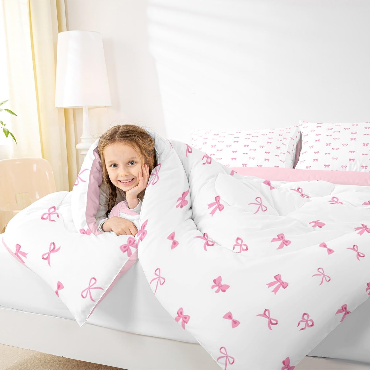 Erosebridal Bow Comforter Set Full Size, Girls Pink Bow Bedding for Kids Women Ultra Soft Cute Bowknot Comforter Kawaii Room Decor Duvet Set Coquette Princess Bowtie Quilt with 2 Pillow Cases