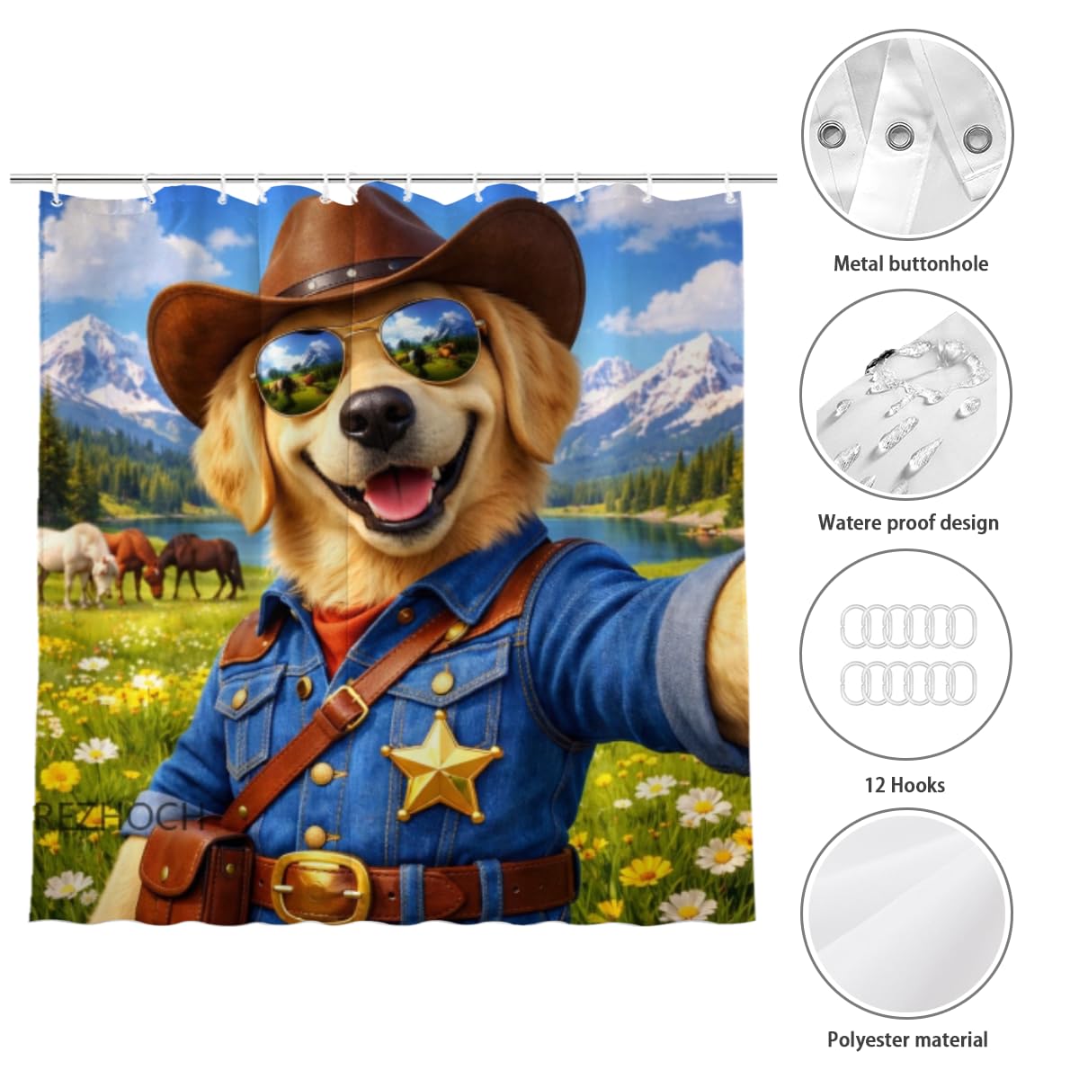 REZHOCH Western Dog Shower Curtain 72x72Inch,Funny Cowboy Golden Retriever Sunglasses Rustic Mountain Lake,Farm Country Animals Meadow,Waterproof Fabric Home Farmhouse Bathroom Decor