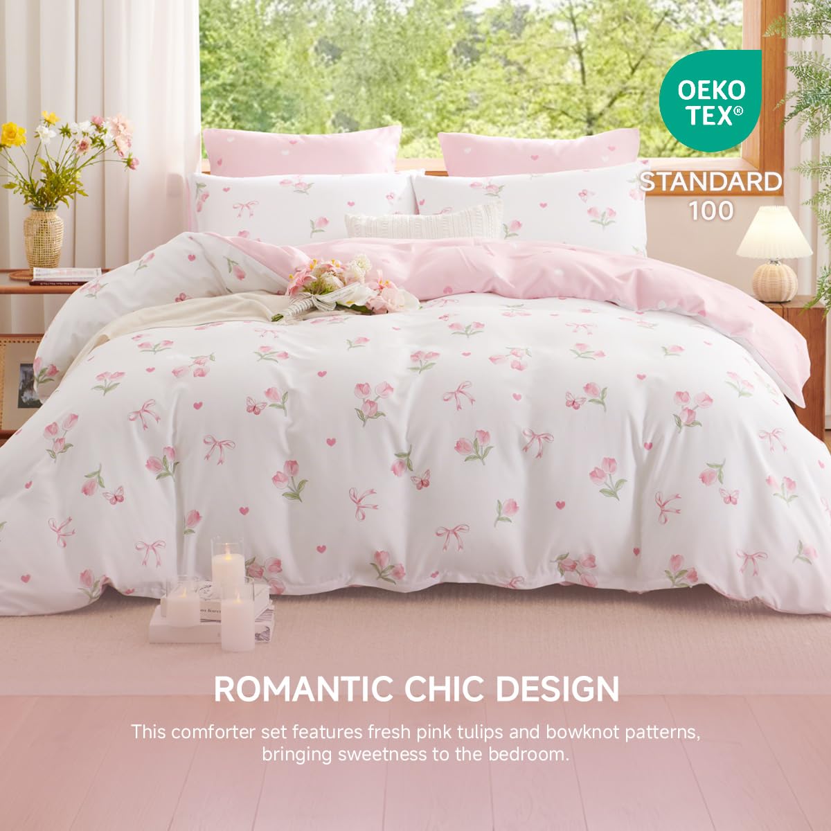Erwinmu Floral Comforter Set King Size - 3 Pieces Pink White Floral Tulips Bow Comforter Bedding Sets Reversible Pattern,King Bed in a Bag with Flowers Comforter and 2 Pillowcases