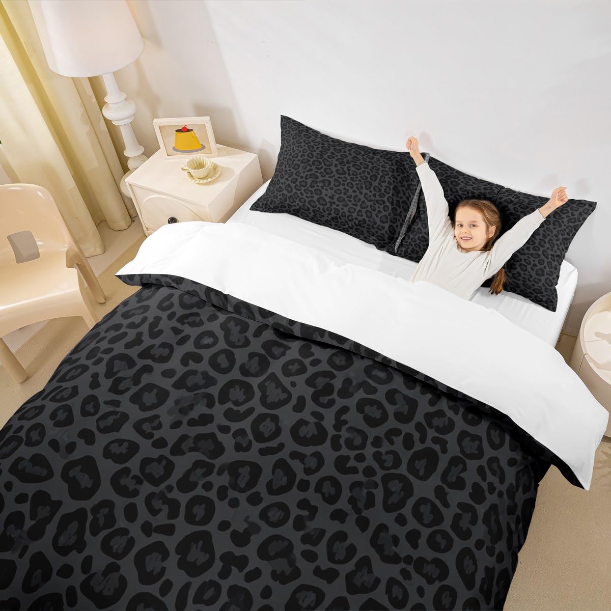 Leopard Print Kids Duvet Cover Set King Size,Abstract Cheetah Skin Texture Bedding Set,Girls Boys Women Room Decor,Rustic Farmhouse Retro Comforter Cover,Black Noble Quilt Cover,2 Pillowcases