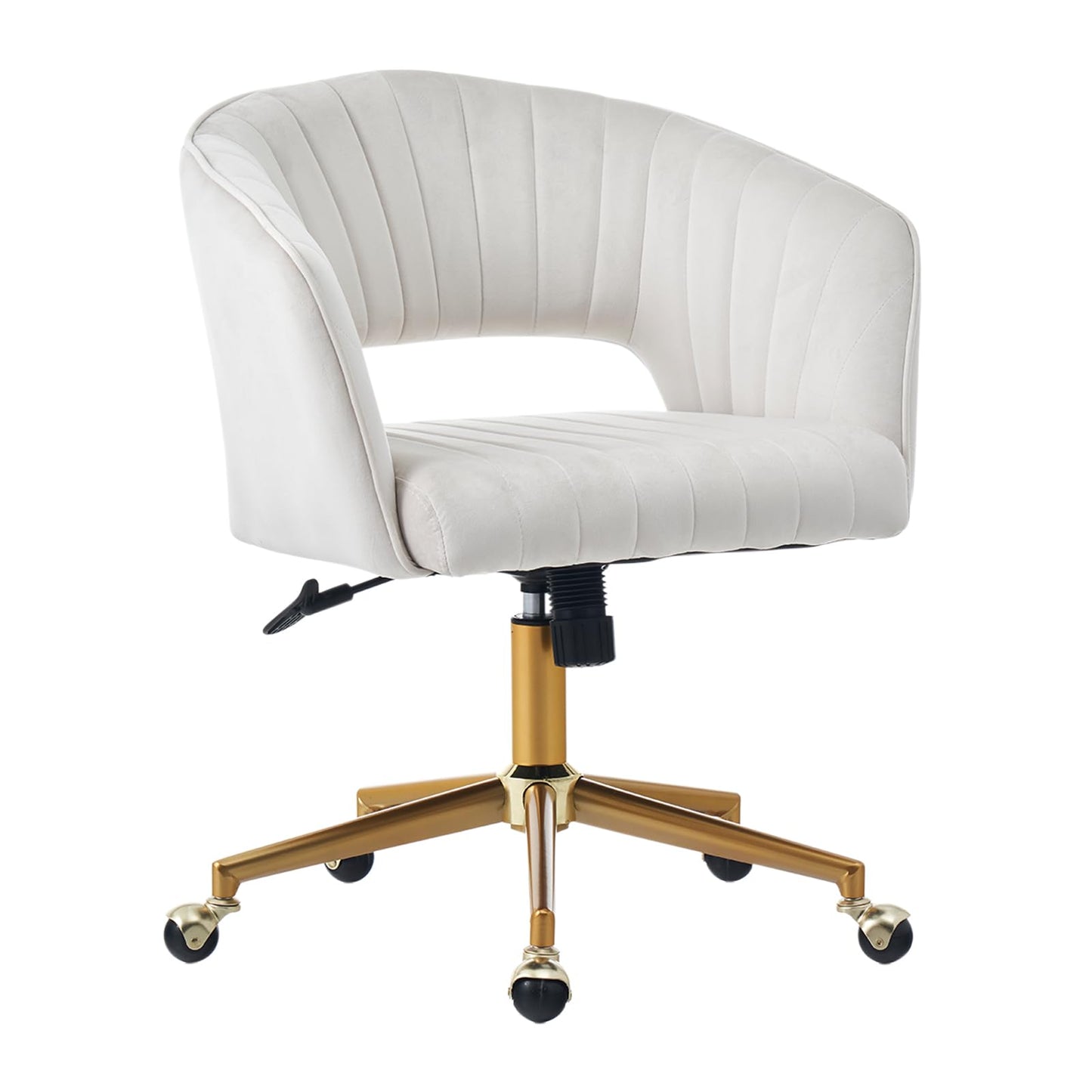 FENFSHE Home Office Desk Chair, Vanity Chair with Back 360 Swivel Armchair and Gold Base, Velvet Criss Cross Chair with Wheels for Vanity Home Office, Living Room, Bedroom and Study (Beige)