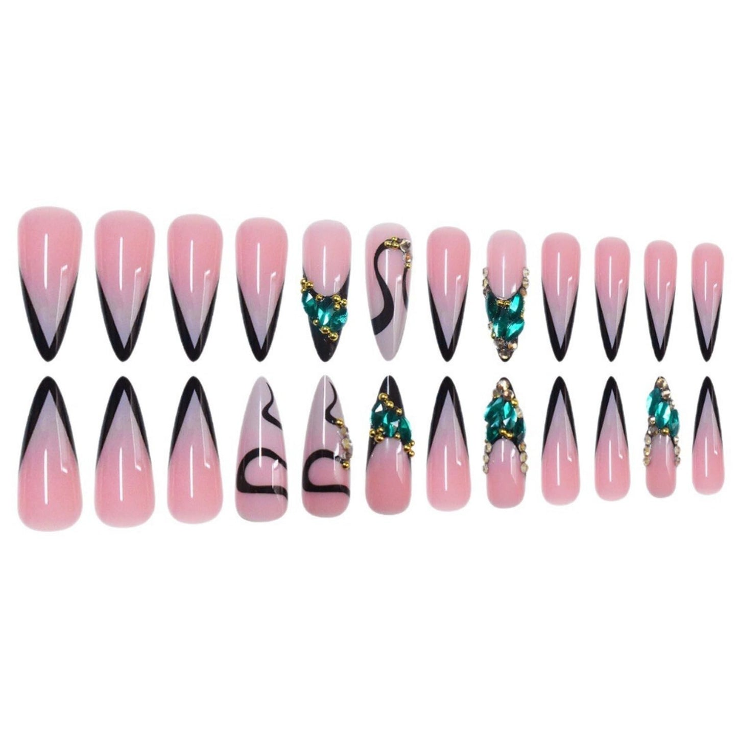 Long Press on Nails Stiletto Fake Nails French False Nails Pink Artificial Nails with Green Rhinestones Designs Sparkly Acrylic Nails Press ons Cute Stick on Nails for Women 24pcs
