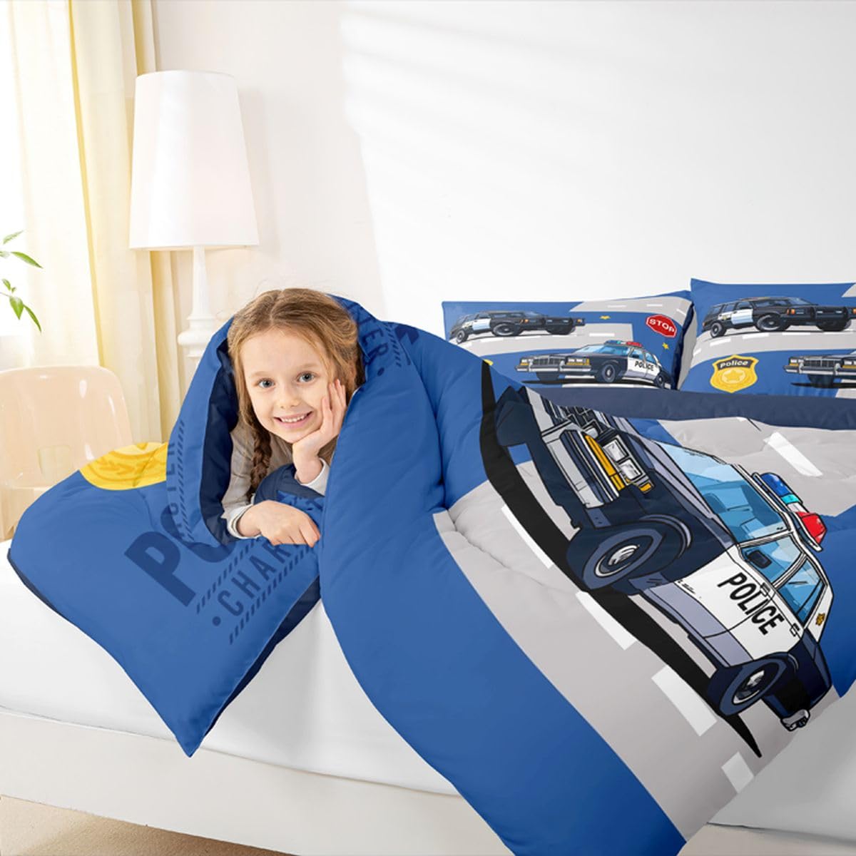 Erosebridal Police Car Comforter Set for Kids Twin Size, Cartoon Policeman Bedding Set for Boys Teens, Vehicle Comforter, Badge Quilt Duvet Set 1 Pillowcase Blue Grey