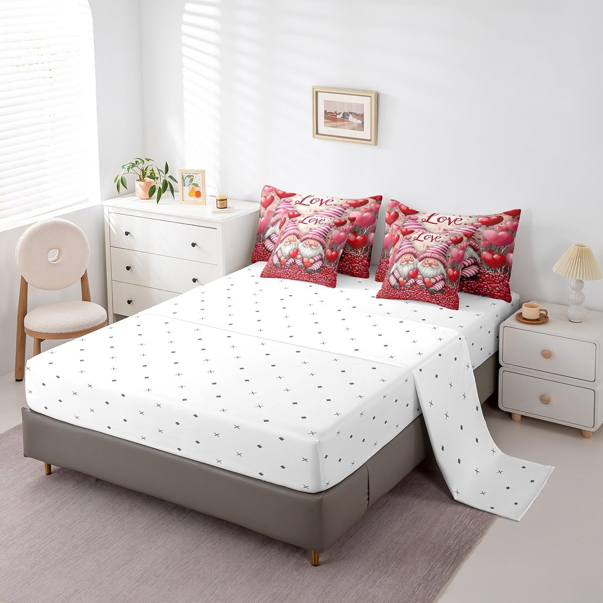 Erosebridal Valentines Day Gnomes Queen 7 Piece Bedding Set - Romantic Cute Gnome Comforter Set with Sheets for Kids Girls Boys, Coquette Love Heart Print Bed in a Bag with Fitted + Flat Sheet