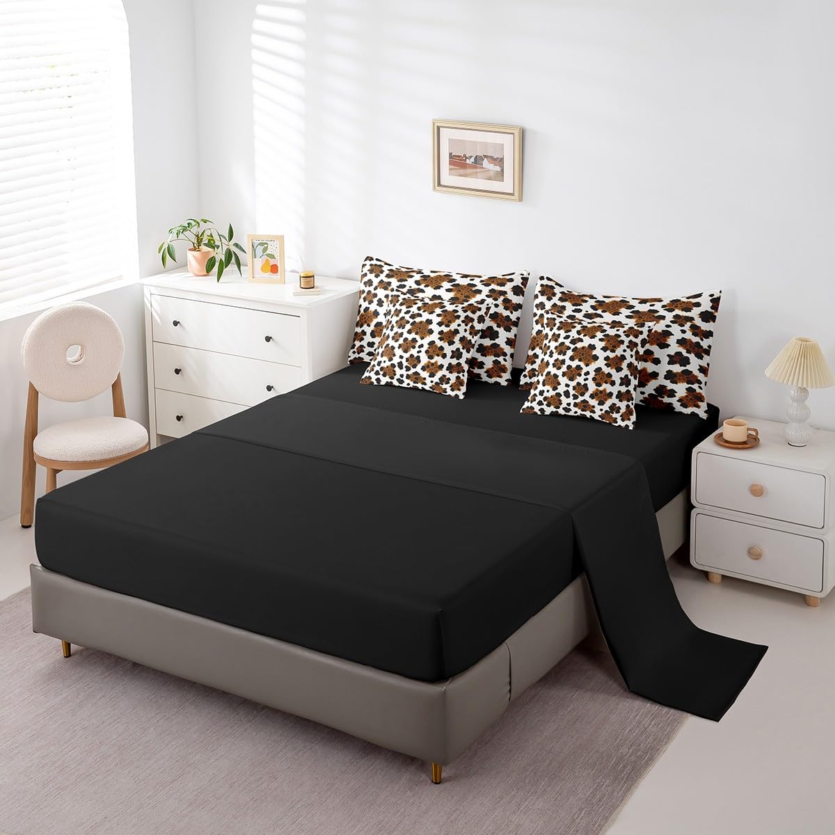 Erosebridal Brown Cowhide Teens Comforter Set 7 Piece Black White Cow Skin Bedding Set Twin Size Western Farmhouse Bed in A Bag for Kids Boys Adult Bedroom Rustic Animal Fur Sheets