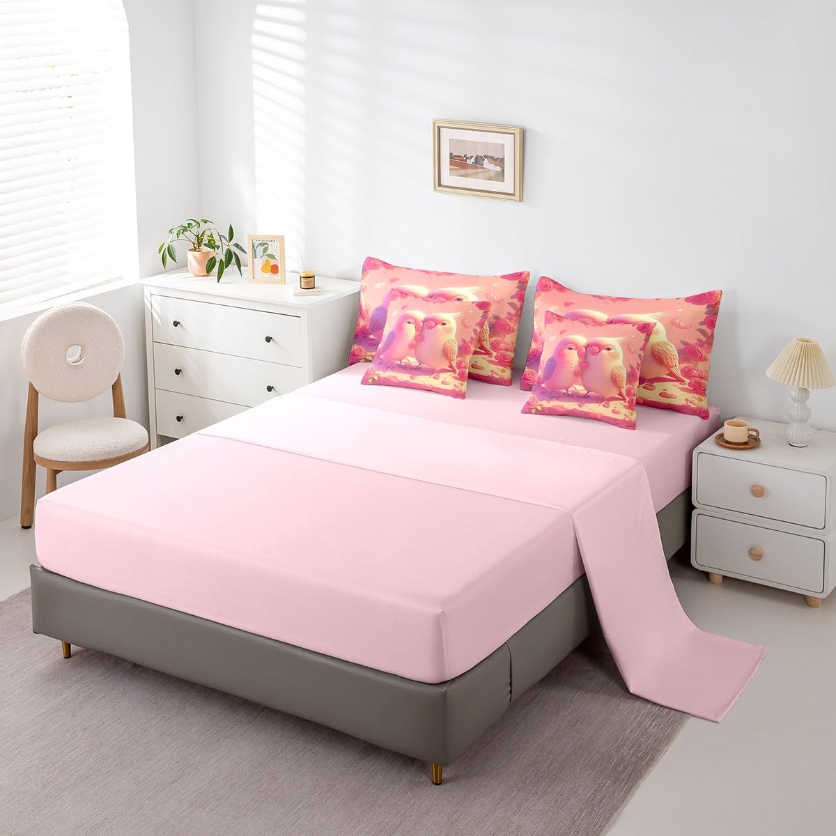 Erosebridal Cute Cardinal Couple Full Comforter Set for Girls Women,Pink Roses Valentine's Day Bed in A Bag Cartoon Animal Lovers 7 Piece Bedding Set Romantic Love Heart Flowers Bed Set