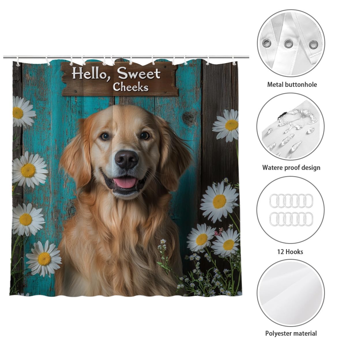 KEEPAEON Golden Retriever Shower Curtain, Cute Funny Shower Curtains for Bathroom Hello Sweet Cheeks Bathroom Decor with Hooks, Bathroom Curtain 72x72 Inches