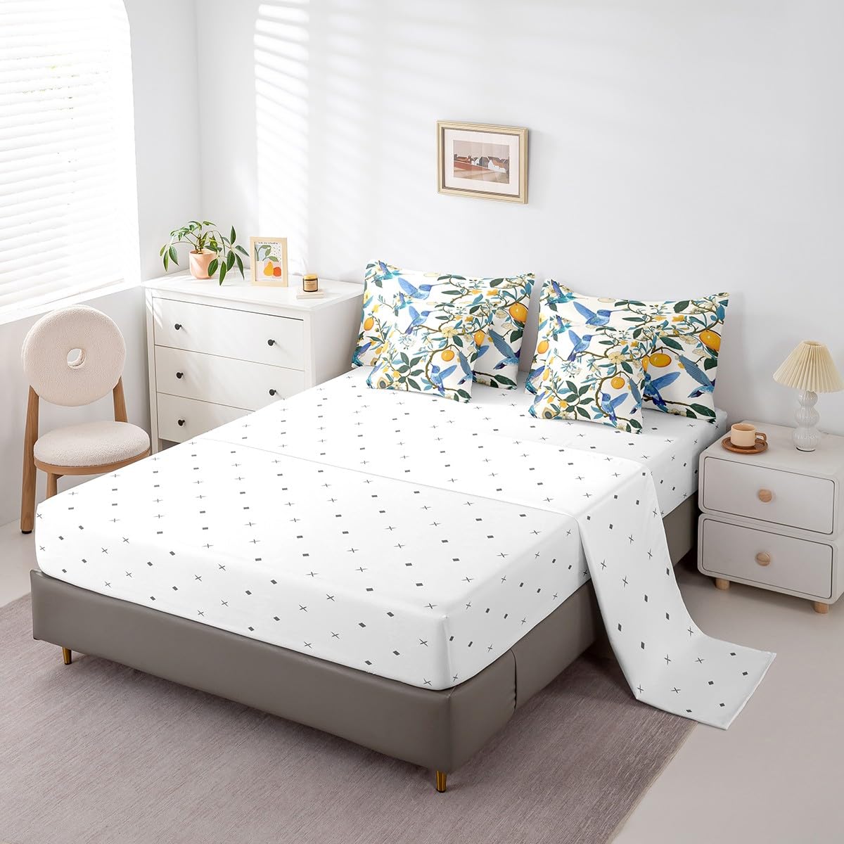 Erosebridal Lemon Tree Branches Bedding Set for Kids Teens,Hummingbirds Comforter Set King Size,Oil Painting Fruit (Comforter+Fitted+Flat Sheet+2 Pillowcases+2 Throw Pillow Covers) 7 Pieces Bed Set