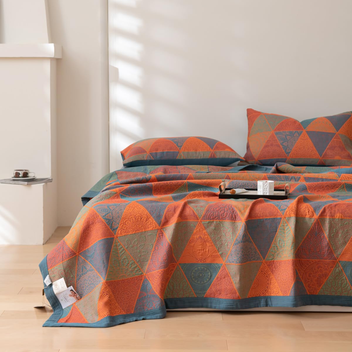 Purefair 100% Cotton Muslin Blanket Jacquard Bohomian Mandala Triangle Print Quilt, Soft Bed Cover Reversible Bedspread Coverlet Breathable Lightweight Bedding Full/Queen(78"x94"), No Pillow Sham