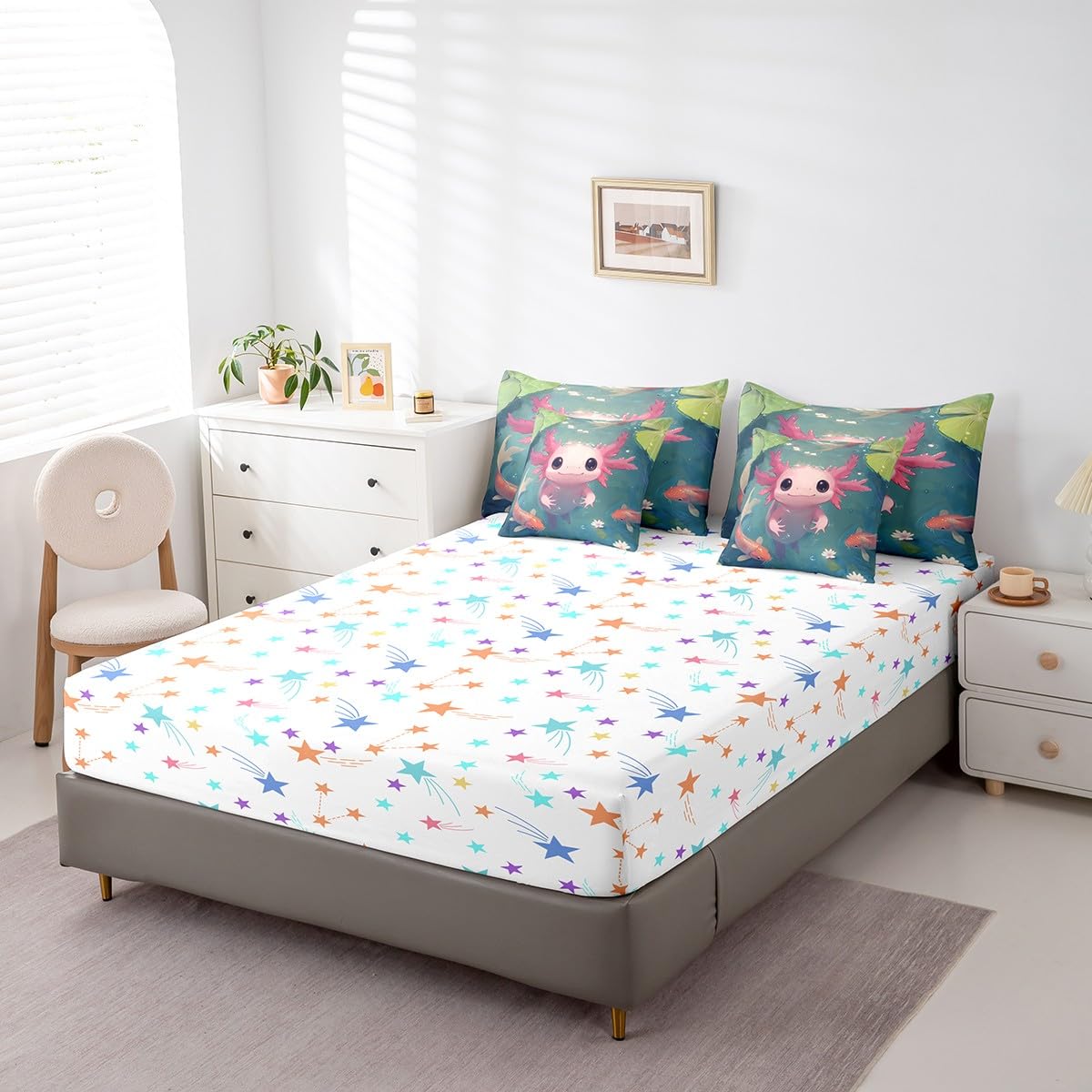 Feelyou Kids Cute Axolotl 7 Pieces Bedding Set Twin Size, Cartoon Salamander Bed in A Bag Ocean Sealife Comforter Set with Sheets Boys Girls Kawaii Animal Teens Bed Set Bedroom Decor 7Pcs