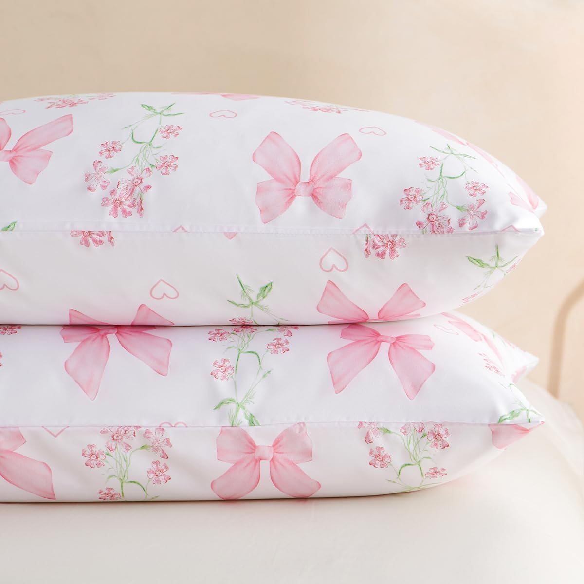 Sedefen Floral Duvet Cover Set Queen Size, 3 Pieces Pink Bow Bedding Set with Cute Heart Pattern, Romantic Spring Botanical Flower Soft Microfiber Duvet Cover for Kids Girls Bedroom & Princess Decor